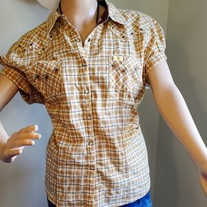 Western Shirt with Snap Close Decorative Stitching. Plaid Rodeo Stampede Country